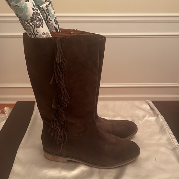 Lucky Brand Grayer Mid Calf Brown Suede Fringe Boots Size 10 - Picture 3 of 5